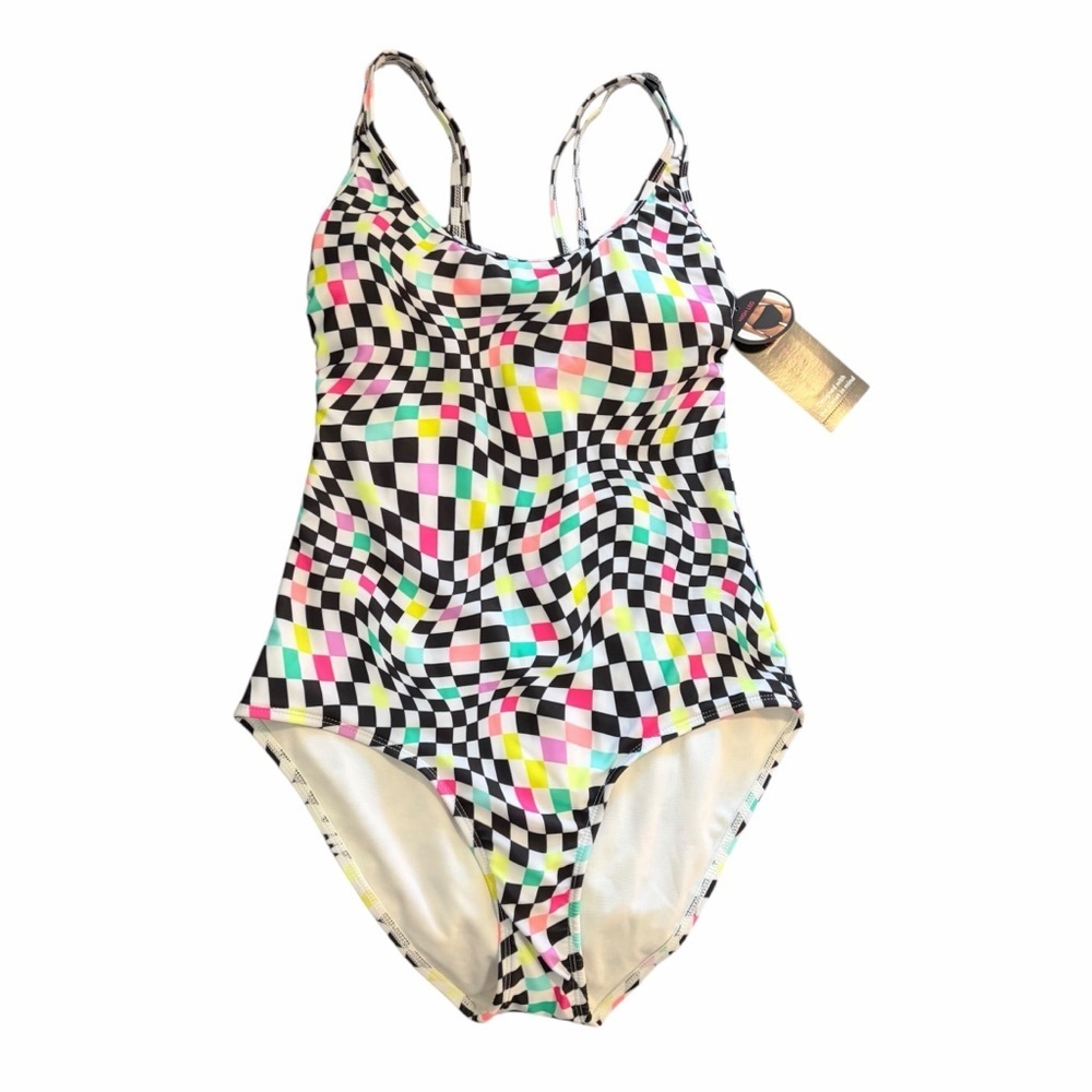 No Boundaries Black Checkered One-Piece Swimsuit with Neon Accents